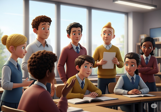 Gambar 1. Sekelompok siswa sekolah menengah yang beragam terlibat dalam diskusi yang hidup tentang etika AI di ruang kelas modern