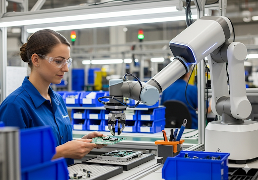 Gambar 1. Seorang pekerja manusia dan robot kolaboratif (cobot) bekerja berdampingan di jalur perakitan