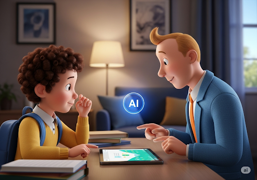 Gambar 1. Seorang siswa sekolah menengah berinteraksi dengan tutor AI yang dipersonalisasi di tablet