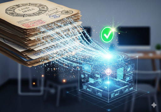 Gambar 1. Tumpukan dokumen tanah fisik yang secara ajaib berubah menjadi data digital yang mengalir ke dalam sistem AI