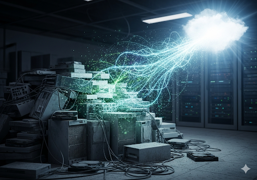 Gambar 1. Tumpukan hard drive dan server lama yang berdebu, dengan data digital yang mengalir keluar menuju awan komputasi yang cerah