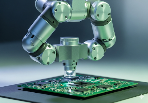 Gambar 2. Tampilan dekat lengan robot yang dengan cermat memeriksa papan sirkuit dengan kamera beresolusi tinggi