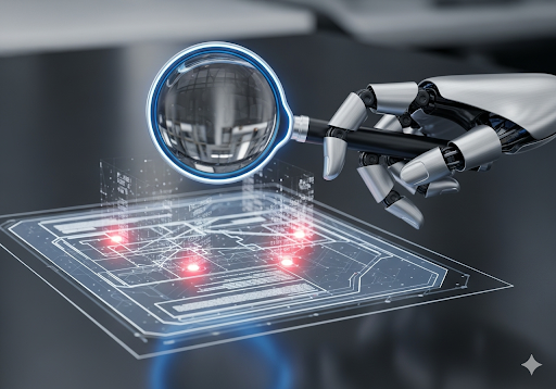 Gambar 2. Tangan robotik yang memegang kaca pembesar digital, memeriksa dokumen tanah yang diproyeksikan secara hologram