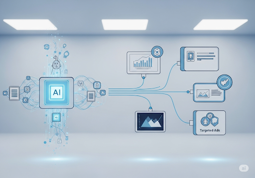 Gambar 2. Visualisasi abstrak yang menunjukkan data mengalir ke sistem AI, yang diwakili oleh simpul dan garis yang saling berhubungan