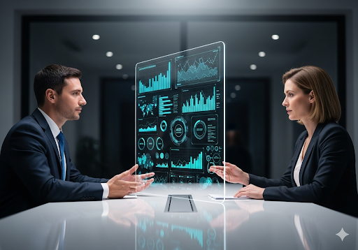 Gambar 3. Dua orang berdiskusi di meja mediasi, dengan layar transparan di tengah yang menampilkan grafik dan data yang dianalisis AI
