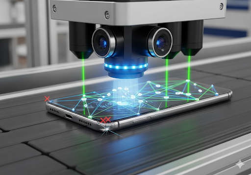Gambar 3. Foto close-up sebuah produk (misalnya, smartphone atau suku cadang mobil) di ban berjalan