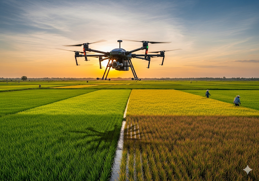 Gambar 3. Pemandangan sawah yang luas dengan drone pertanian terbang di atasnya