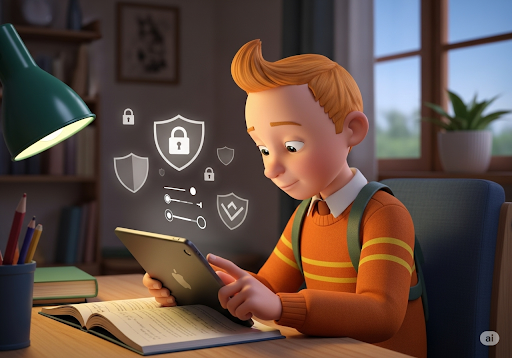 Gambar 3. Seorang siswa sekolah menengah dengan tekun memeriksa pengaturan privasi di tablet