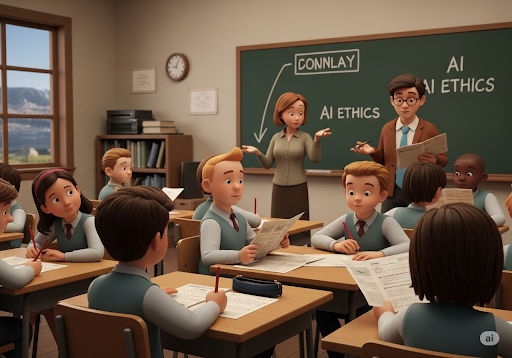 Gambar 3. Siswa sekolah menengah berpartisipasi aktif dalam diskusi kelas, menganalisis studi kasus tentang etika AI