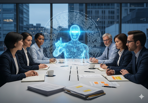 Gambar 3. Tim pembuat kebijakan duduk di meja bundar, berdiskusi dengan hologram AI yang memproyeksikan teks undang-undang yang kompleks