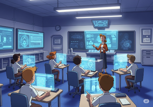 Gambar 4. Ruang kelas futuristik tempat siswa sekolah menengah belajar secara kolaboratif dengan AI