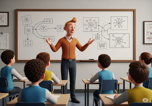 Gambar 4. Seorang guru membimbing sekelompok siswa sekolah menengah melalui dilema etika yang kompleks terkait dengan AI
