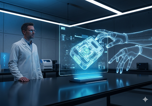 Gambar 5. Pengaturan laboratorium minimalis yang ramping dengan proyeksi holografik dari desain produk yang kompleks
