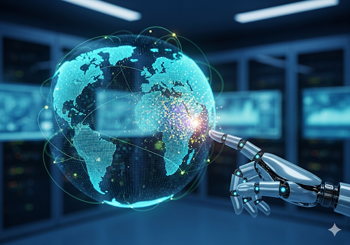 Gambar 5. Peta dunia interaktif 3D yang diproyeksikan di udara, dengan tangan robotik yang menunjuk ke berbagai titik data