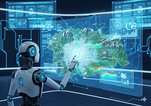 Gambar 5. Robot AI yang sedang berinteraksi dengan peta digital raksasa, melambangkan masa depan AI dalam perencanaan dan manajemen pertanahan