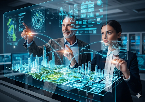 Gambar 5. Seorang ahli pertanahan dan seorang ilmuwan data AI bekerja berdampingan di depan layar besar yang menampilkan model 3D kota yang kompleks