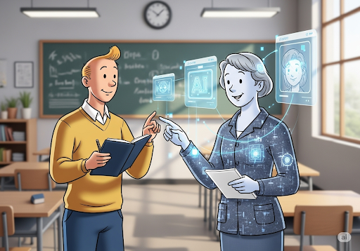 Gambar 5. Seorang guru berkolaborasi secara mulus dengan sistem AI untuk meningkatkan perencanaan pelajaran dan dukungan siswa