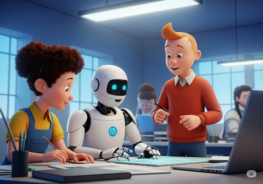 Gambar 5. Siswa sekolah menengah berkolaborasi dengan robot AI dalam sebuah proyek