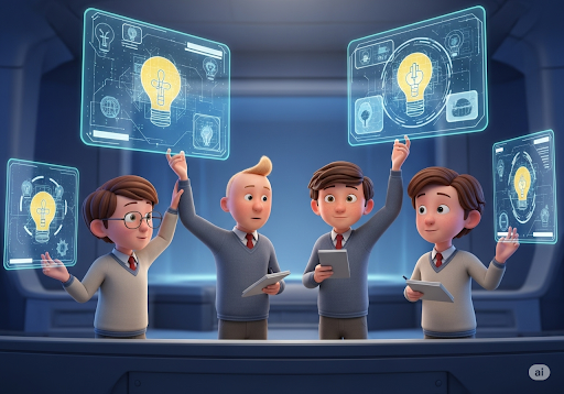 Gambar 5. Siswa sekolah menengah bertukar pikiran tentang ide-ide untuk aplikasi AI yang etis dalam latar futuristik
