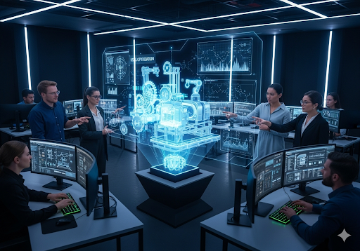 Gambar 5. Tim insinyur dan spesialis AI yang beragam di ruang kontrol modern