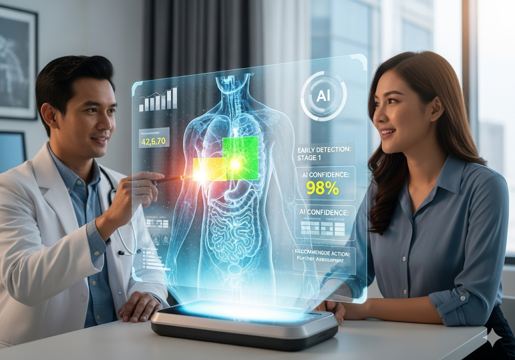 01. Analisis pemindaian medis yang didukung AI, dengan indikator yang jelas untuk deteksi penyakit dini.