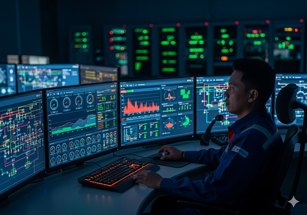 01. Beberapa layar yang menampilkan data waktu nyata dari fasilitas produksi minyak dan gas