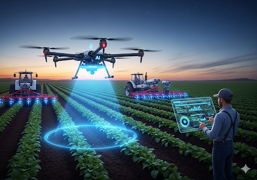 01. Drone dan traktor otonom yang dilengkapi AI bekerja di ladang, sementara seorang petani menganalisis data real-time pada tablet