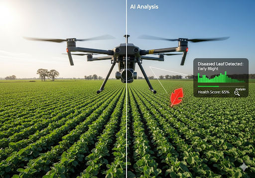 01. Drone dengan kamera resolusi tinggi ini memantau tanaman dari udara, sementara AI menganalisis gambar secara real-time