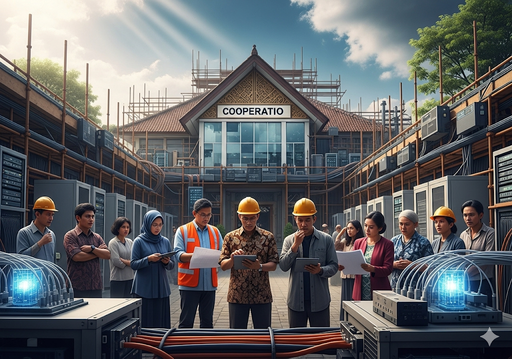 01. Gedung koperasi dengan infrastruktur digital yang sedang dibangun di sekelilingnya