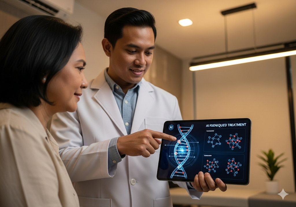 01. Grafik yang dihasilkan AI yang menggambarkan bagaimana perawatan disesuaikan dengan susunan genetik unik pasien