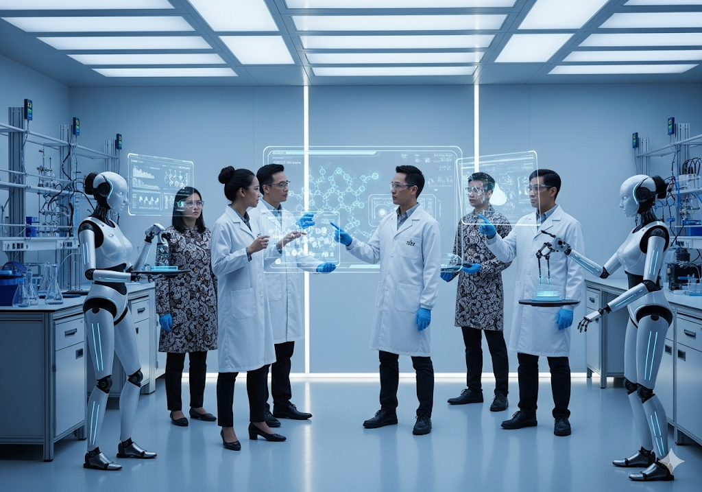 01. Ilmuwan yang bekerja bersama robot bertenaga AI, menganalisis struktur molekul yang kompleks
