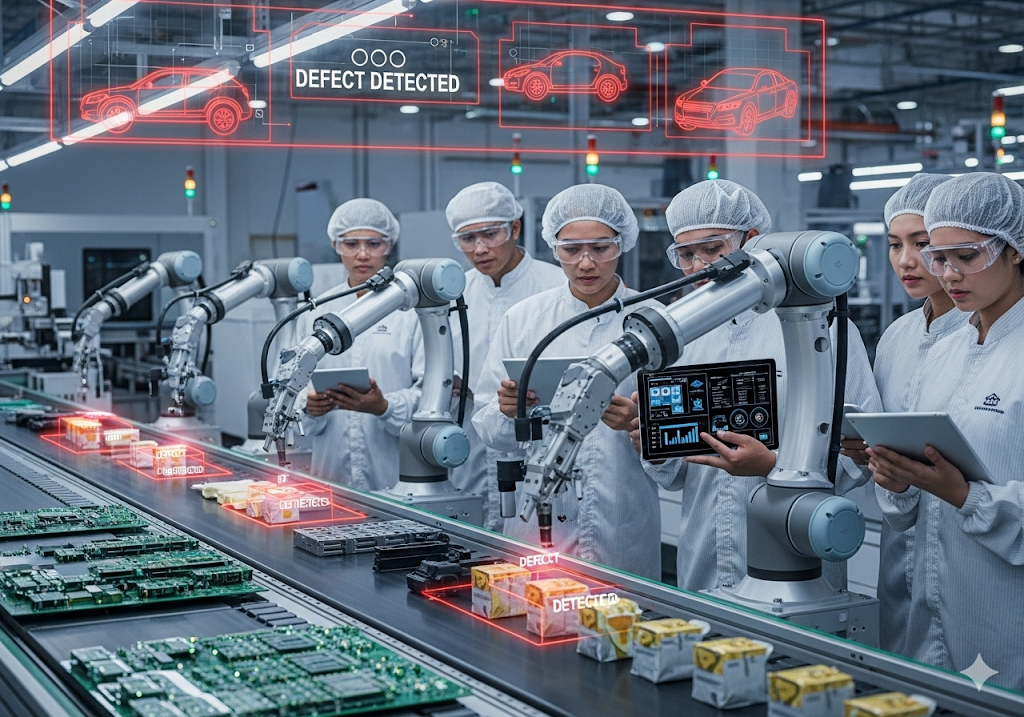 01. Jalur produksi berkecepatan tinggi dengan lengan robot yang dilengkapi kamera, melakukan inspeksi kualitas otomatis pada produk