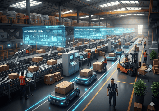 01. Jaringan rantai pasokan yang rumit dan saling terhubung dengan robot bertenaga AI dan kendaraan logistik pintar