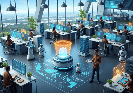 01. Kantor koperasi futuristik dengan robot AI yang membantu anggota dan mengelola data