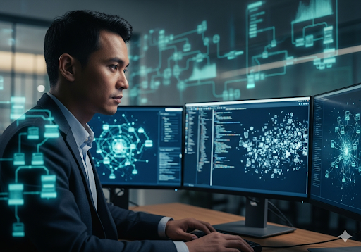 01. Kumpulan data yang rumit dan berantakan, dengan visualisasi abstrak proses pembersihan dan pengorganisasian data di latar belakang