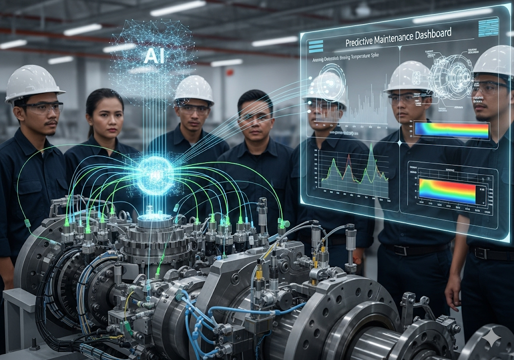 01. Mesin industri yang kompleks dengan berbagai sensor terpasang, garis-garis bercahaya yang mewakili aliran data ke sistem AI pusat