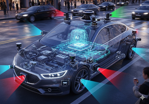 01. Mobil otonom dengan sensor canggihnya terus-menerus memindai lingkungan sekitar