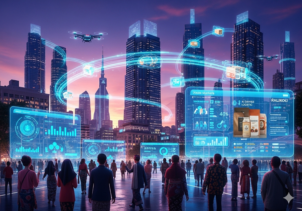 01. Pemandangan kota futuristik dengan rute perdagangan digital dan antarmuka AI