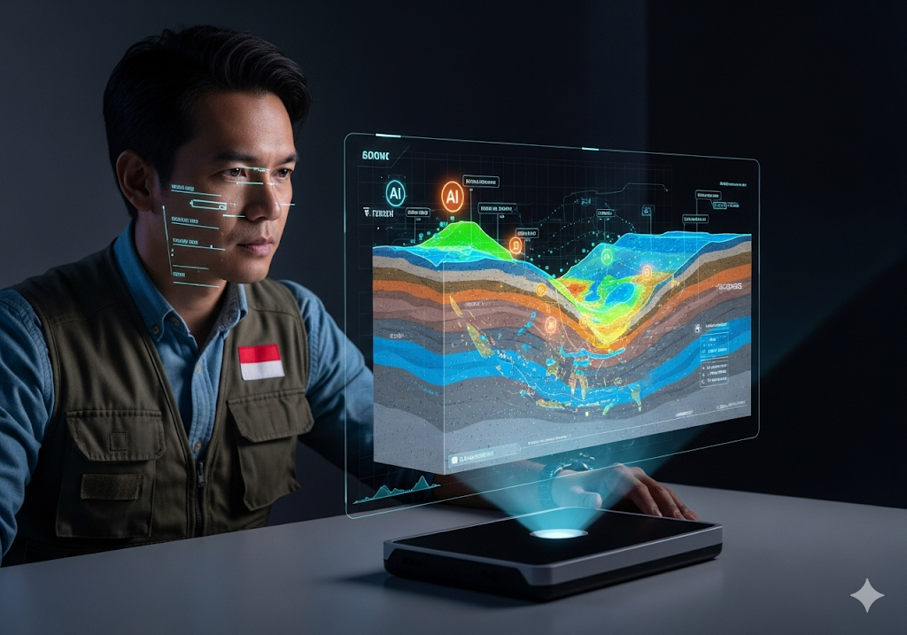 01. Peta holografik formasi geologi bawah tanah, dengan lapisan data yang dihasilkan oleh AI menyoroti potensi reservoir minyak dan gas.