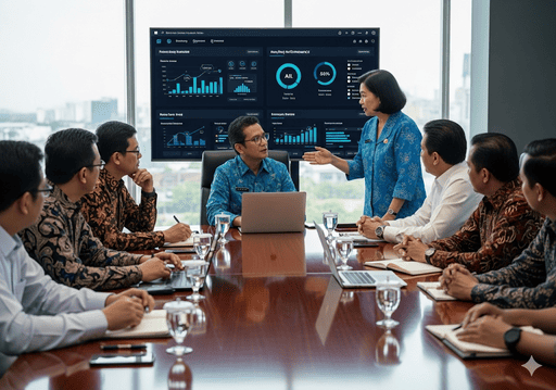 01. Rapat dewan koperasi di mana wawasan yang dihasilkan AI diproyeksikan ke layar besar
