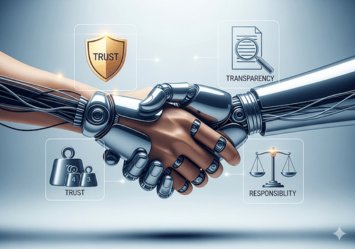 01. Representasi etis AI dalam perdagangan, dengan jabat tangan antara manusia dan robot yang dikelilingi oleh simbol kepercayaan