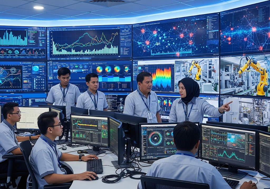 01. Ruang kontrol manufaktur yang kompleks dengan beberapa layar yang menampilkan visualisasi data real-time