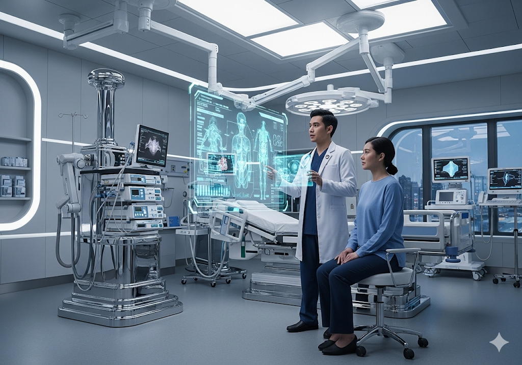 01. Ruang rumah sakit futuristik dengan dokter dan pasien berinteraksi dengan sistem diagnostik bertenaga AI