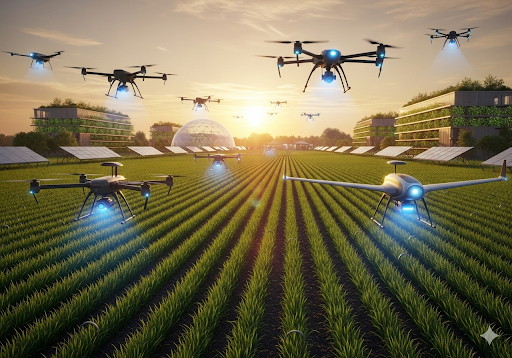01. Sebuah gambar hiper-realistis dari sebuah peternakan futuristik dengan drone-drone yang terbang di atas ladang hijau subur