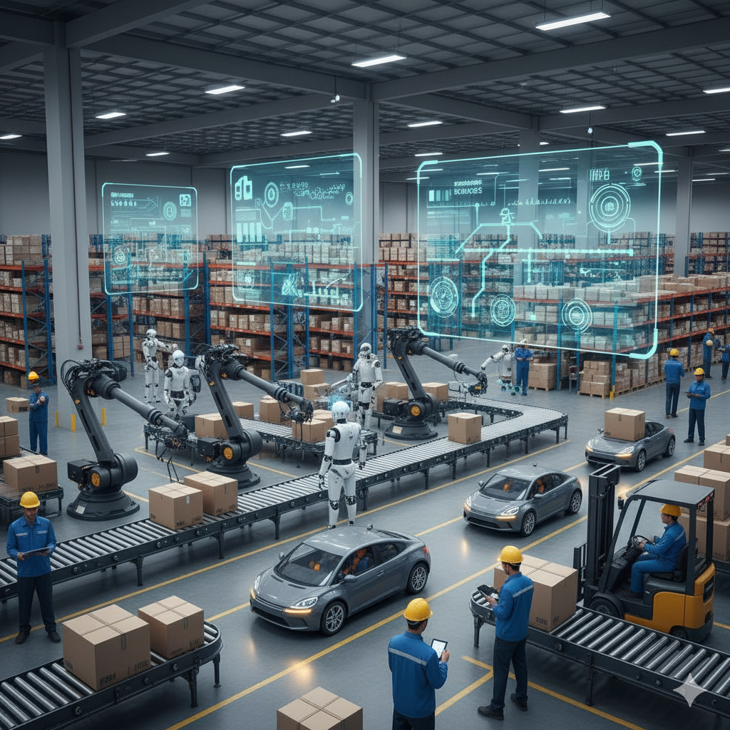 01. Sebuah jaringan rantai pasok yang rumit dan saling terhubung dengan robot bertenaga AI dan kendaraan logistik pintar