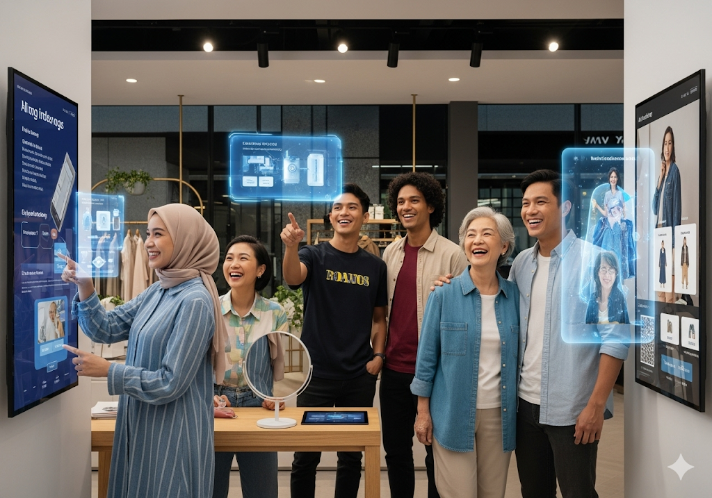 01. Sekelompok pelanggan yang beragam dan bahagia berinteraksi dengan antarmuka digital yang dipersonalisasi
