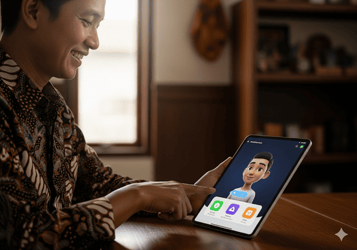 01. Seorang anggota koperasi tersenyum saat berinteraksi dengan asisten virtual di tablet