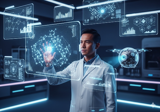 01. Seorang ilmuwan dikelilingi oleh tampilan holografik dengan asisten AI melayang di dekatnya