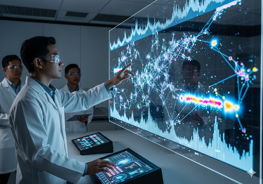 01. Seorang peneliti berinteraksi dengan visualisasi data besar dan rumit yang dihasilkan oleh AI