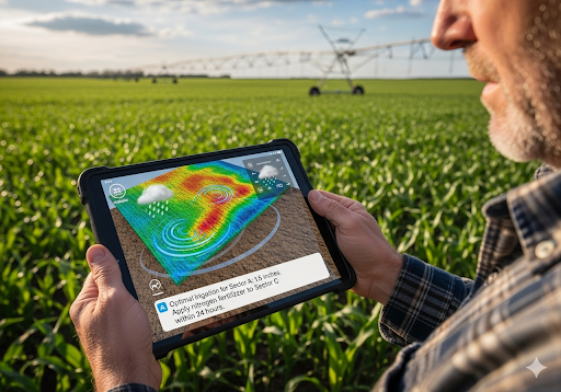 01. Seorang petani menggunakan tablet untuk melihat peta 3D ladangnya, lengkap dengan rekomendasi dari AI